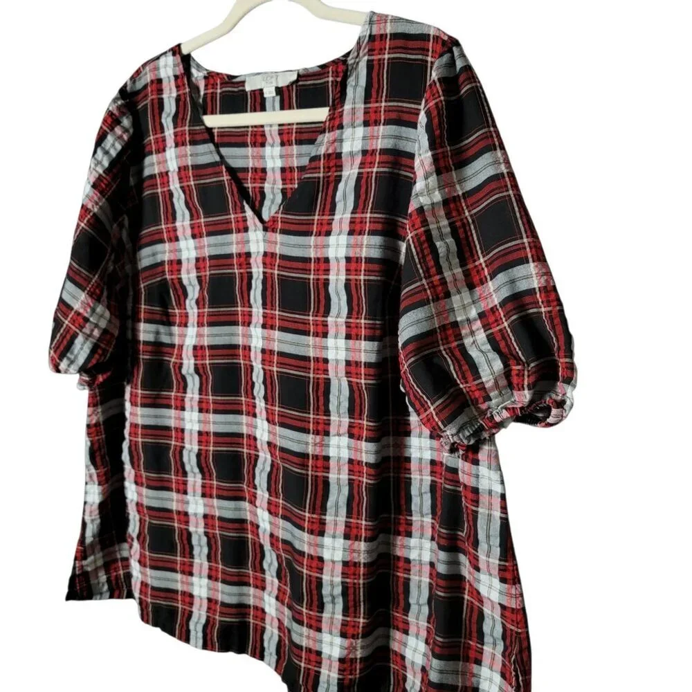 LOFT Plus Womens Red Black Plaid Puff Sleeve Business Casual V-Neck Top 16